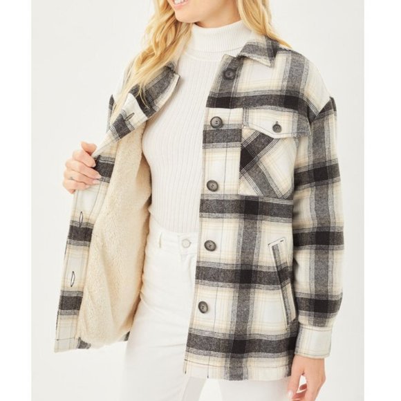 Sherpa Lined Plaid Flannel Shirt Jacket Shacket - Picture 2 of 9
